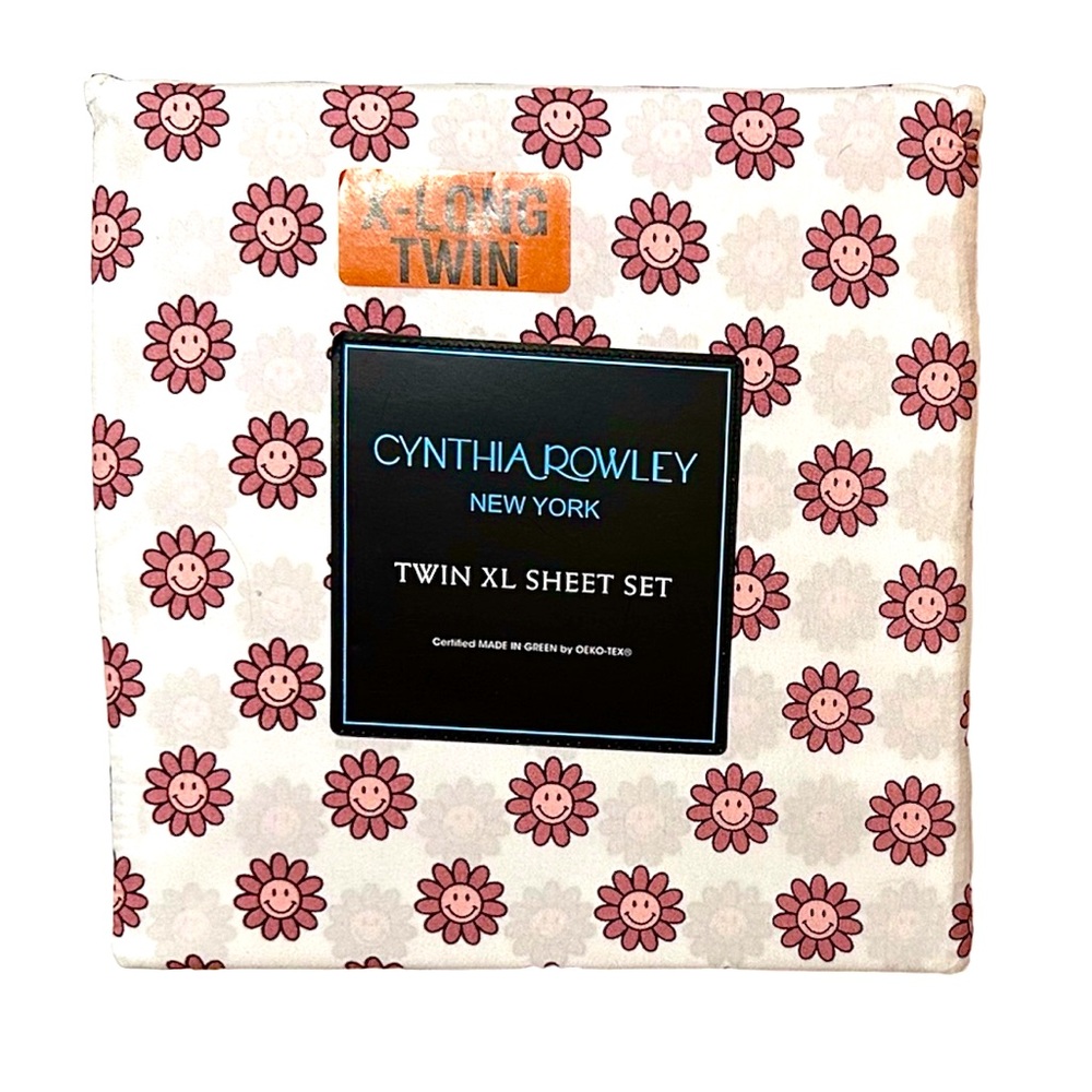 Cynthia Rowley Twin Extra Long Sheets Set Flowers W/ Smiley Face NEW